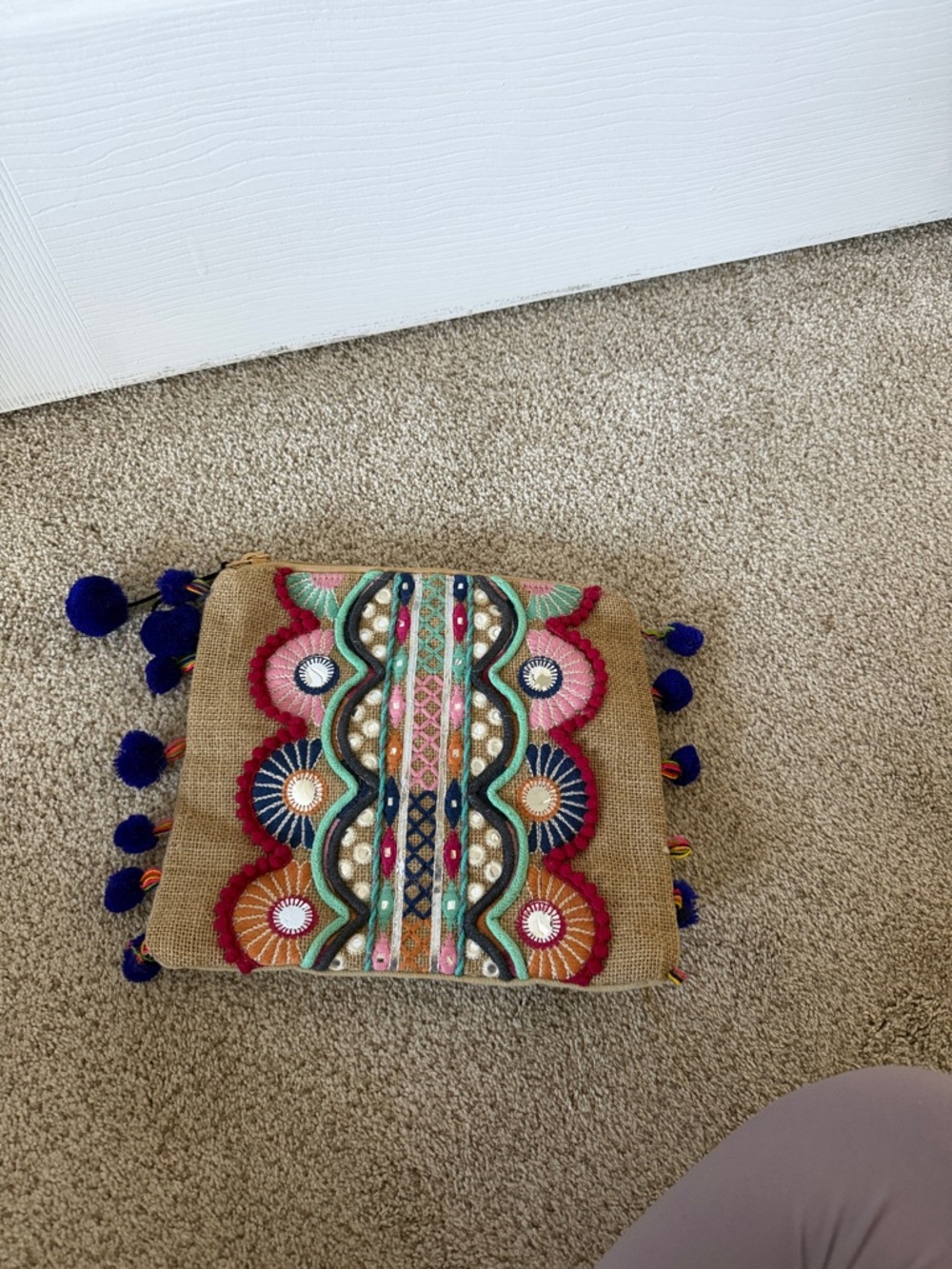 Embroidered Multicolor Boho Clutch with Pom Tassels